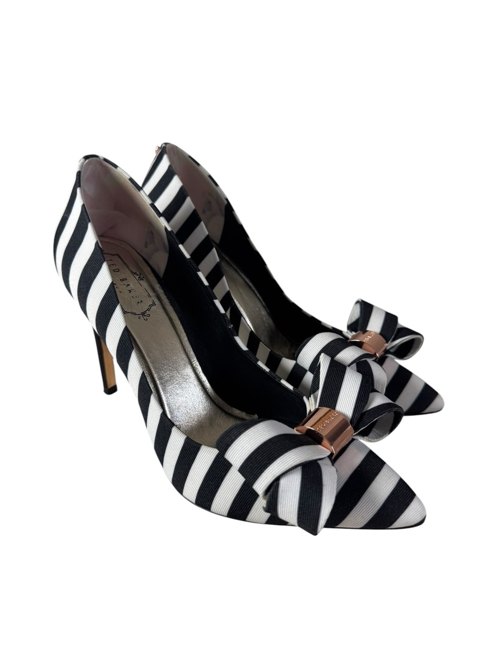 Ted Baker Ichlibi Black White Striped Grosgrain Pointed-Toe Bow Size 9.5 Pumps